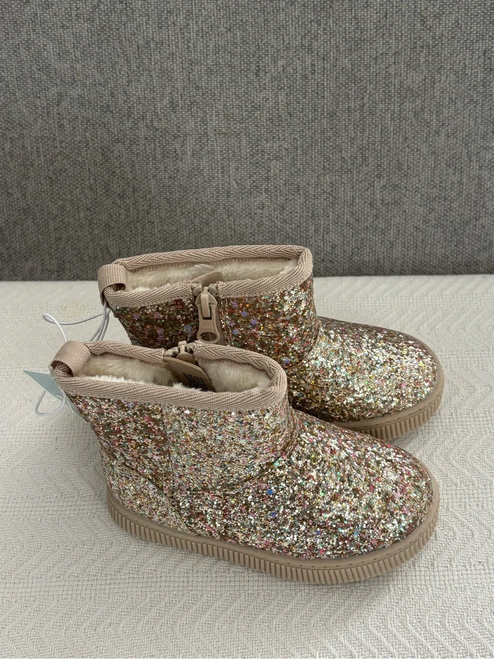 Kids Glitter Ankle Boots in Tan with Multicolor Sparkle